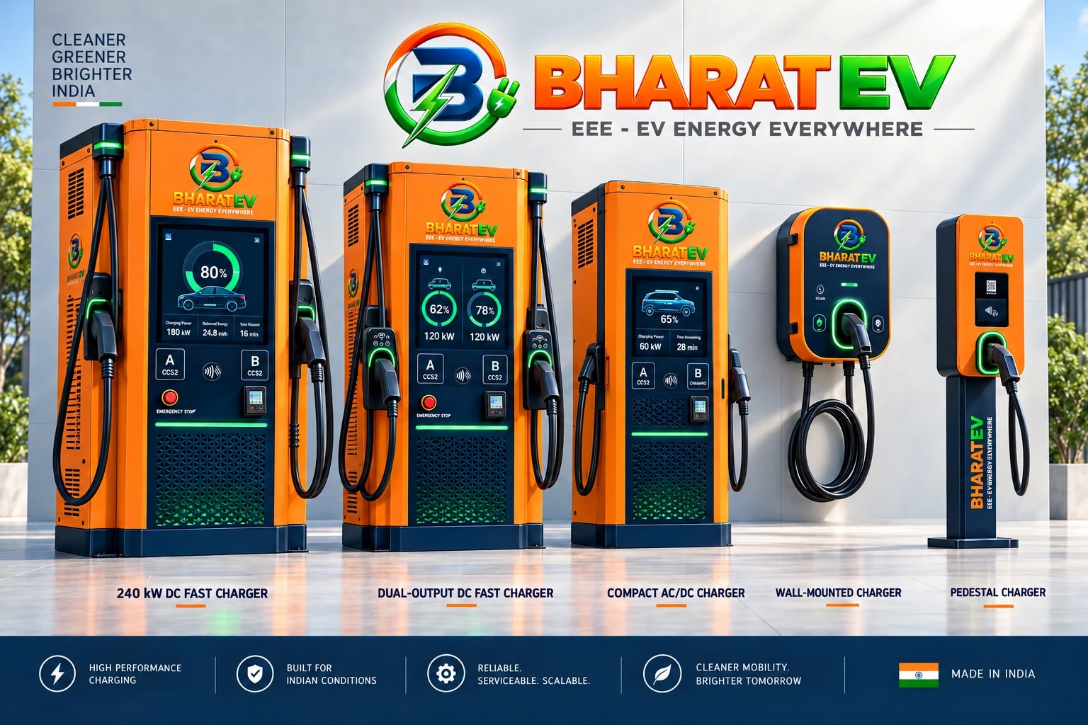 The Bharat EV charger range: floor-standing DC fast chargers, a compact AC/DC charger, a wall-mounted charger and a pedestal charger in orange and navy livery.