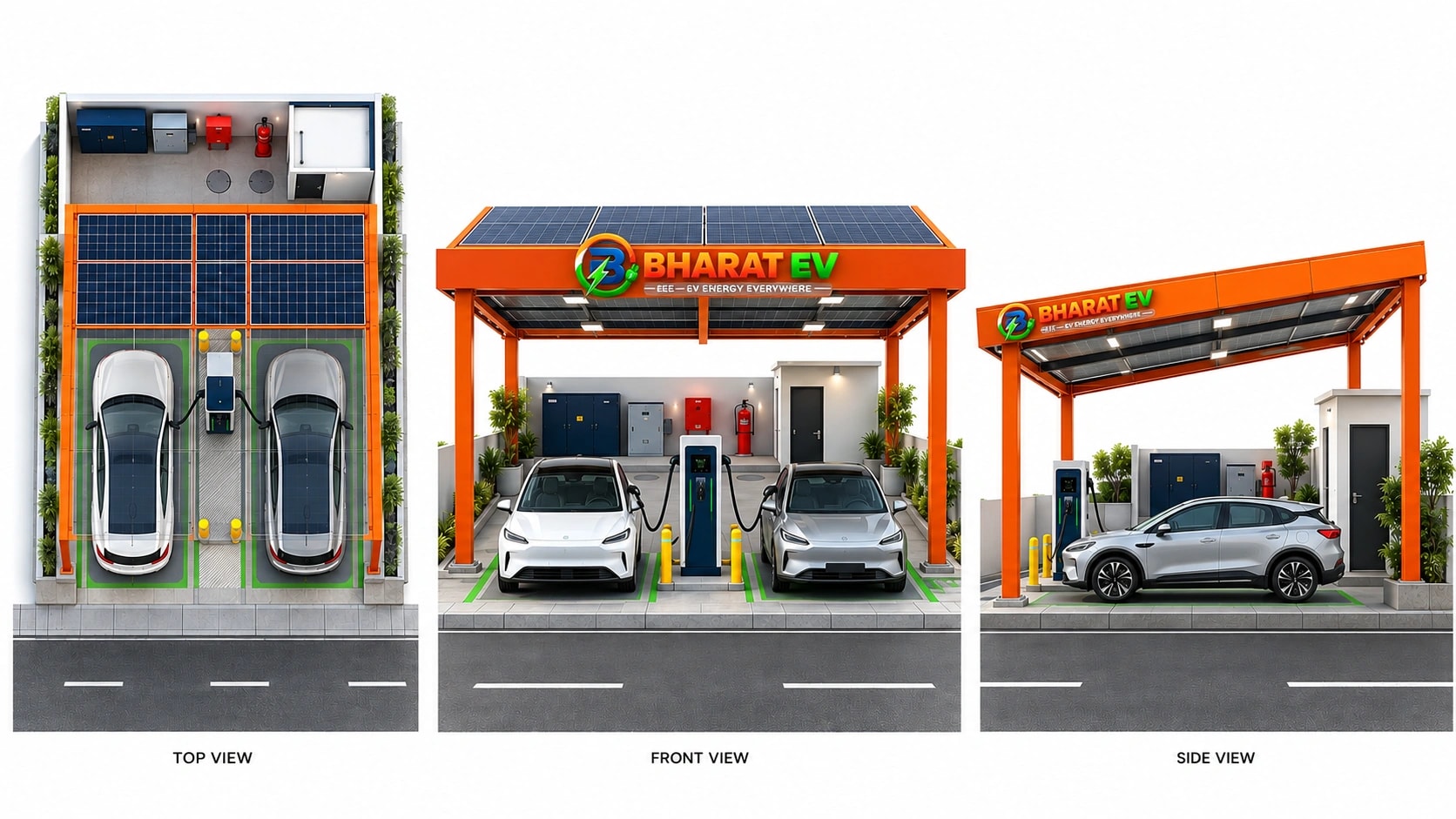 Bharat EV compact charging station concept: top, front and side views.