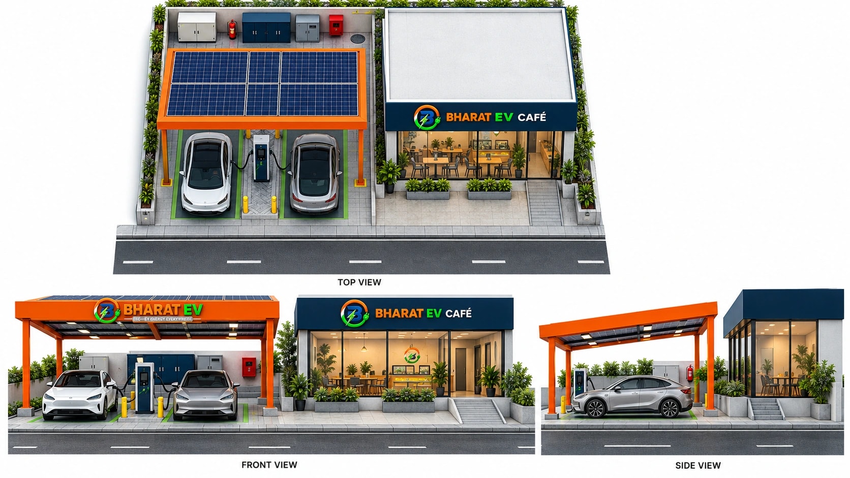 Bharat EV charging hub concept: top, front and side views of a solar canopy over charging bays beside a BHARAT EV café.